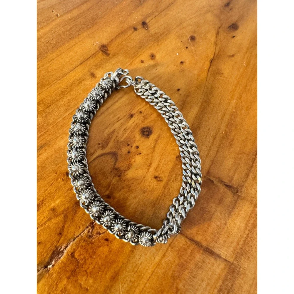 Vintage Boho Floral Link Curb Chain Bracelet Womens 6.75 Silver Tone Ornate